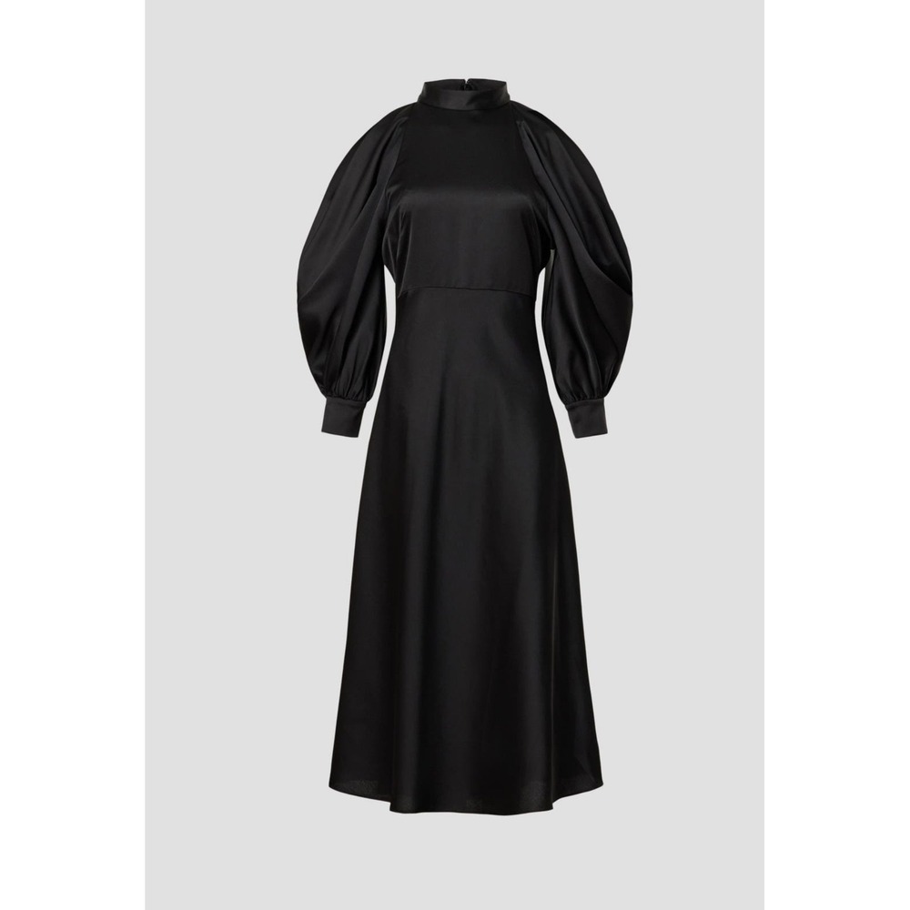 ARIAS‎ NEW YORK Black Satin Mock Neck Cold Shoulder Balloon Sleeve Midi Dress